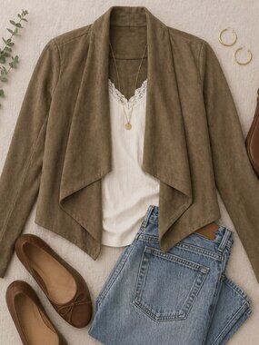 TCEC Taupe Faux Suede Waterfall Jacket Large Southwestern Cowgirl Rodeo